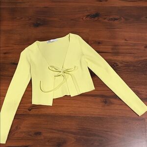 Zara Lime Yellow Tie-Front Ribbed Crop Cardigan 💛